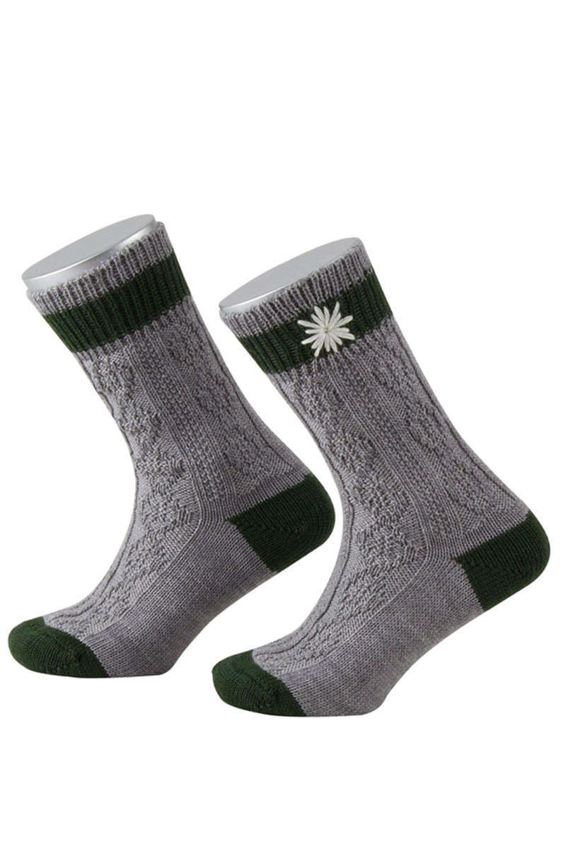 Kinder Trachten-Socke zweifarbig mit besticktem Edelwei grau-tanne