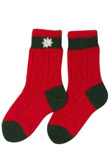 Kinder Trachten-Socke zweifarbig mit besticktem Edelwei rot-tanne