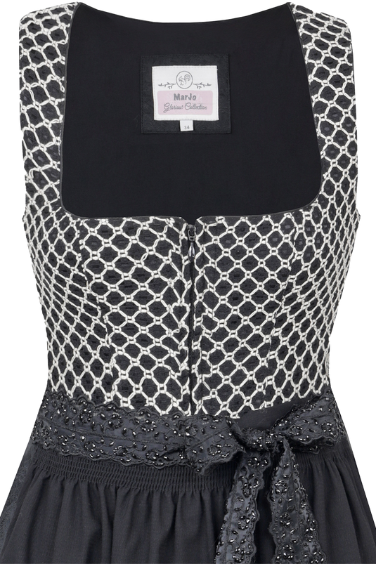 Midi-Dirndl mit eckigem Ausschnitt und Häkelspitze und Strassschürzenband