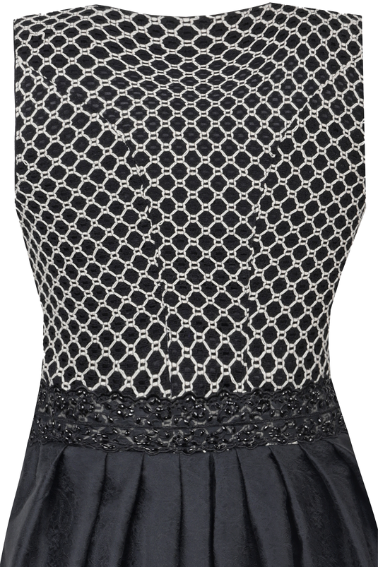 Midi-Dirndl mit eckigem Ausschnitt und Häkelspitze und Strassschürzenband