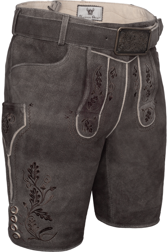 Herren Lederhose kurz Geweih & Silk PEDRO WILDBOCK M. GÜRTEL in BISON/SCHOKO - Vorderansicht seitlich