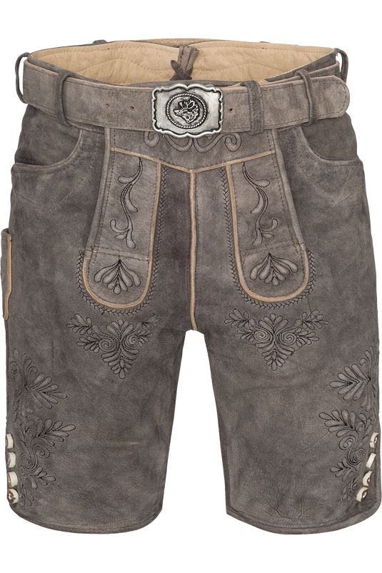 Herren Lederhose kurz mit Stickereien und Gürtel - stonegrey schwarz