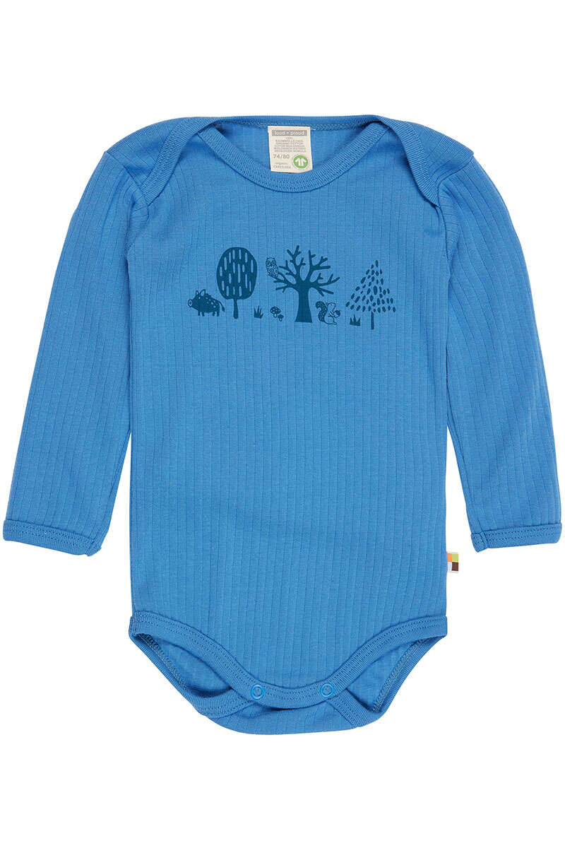 Babybody Waldtiere aus gerippter Bio-Baumwolle langarm blau