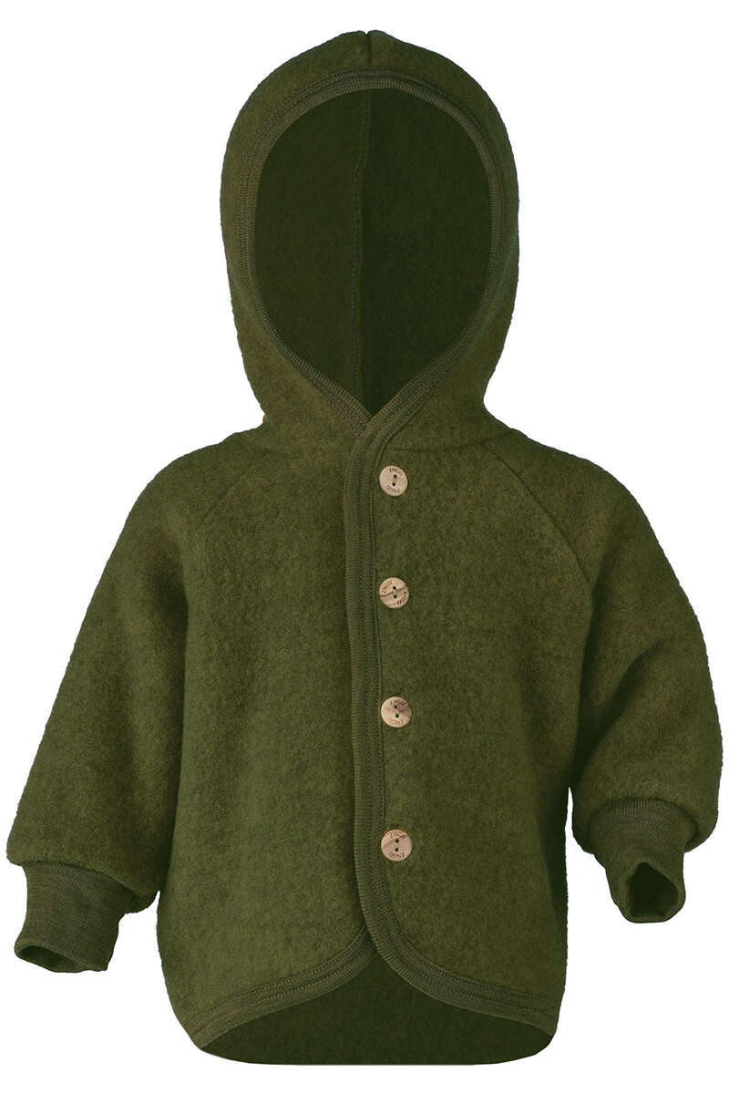 Baby-Jacke mit Kapuze aus Bio Schurwollfleece schilf grün