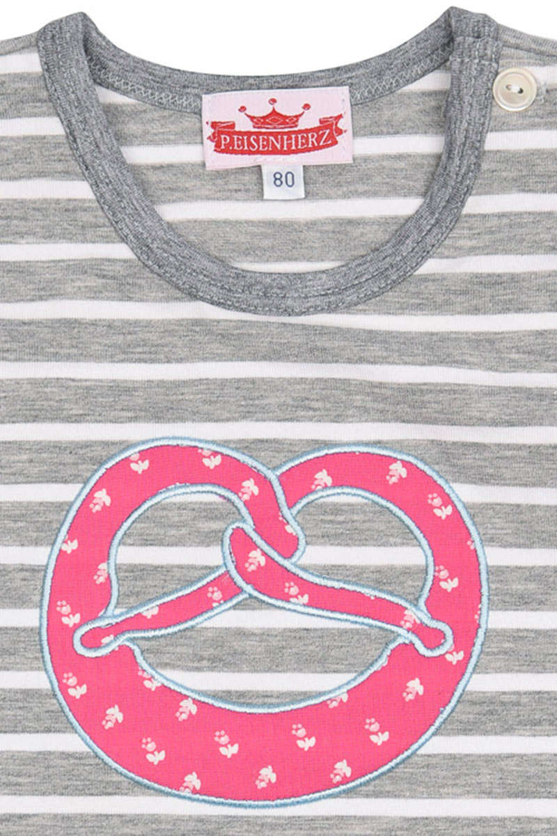 Trachten Mädchen T-Shirt mit Brezel gestreift grau weiss Bild 2