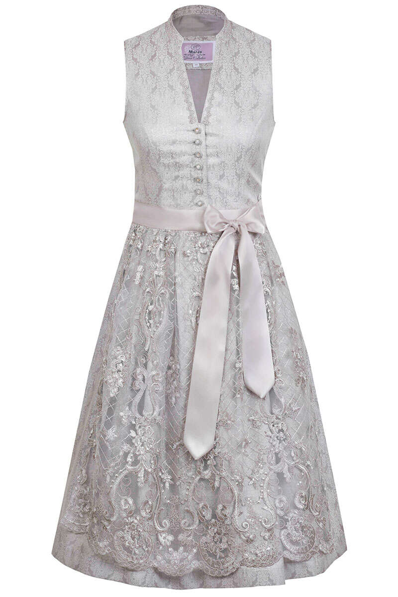 Midi-Dirndl mit Spitzenschrze hochgeschlossen beige