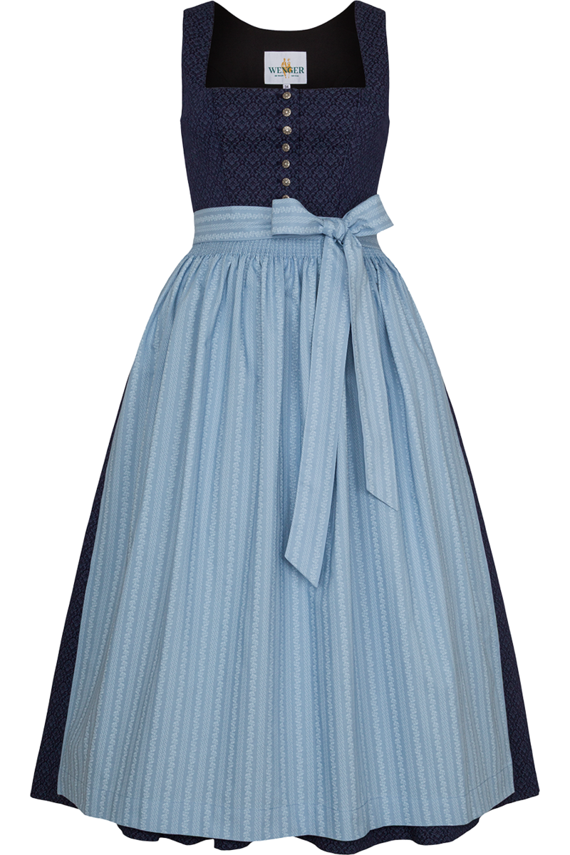Dirndl lang aus Baumwolle mit eckigem Ausschnitt marine/hellblau