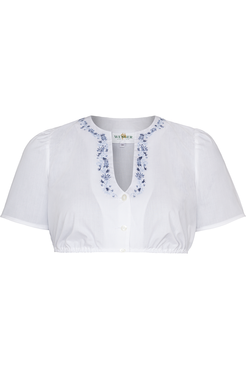 Dirndlbluse Kurzarm mit Stickerei wei/blau