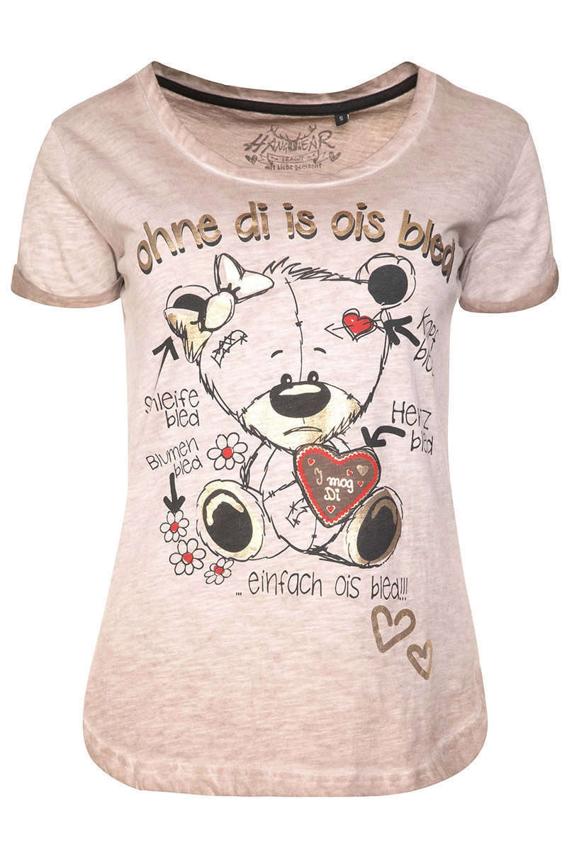 Damen T-Shirt 'ohne Di is ois bled' beige