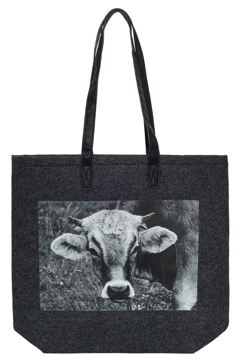 Shopper Tasche mit Vintage Kuh Motiv anthrazit