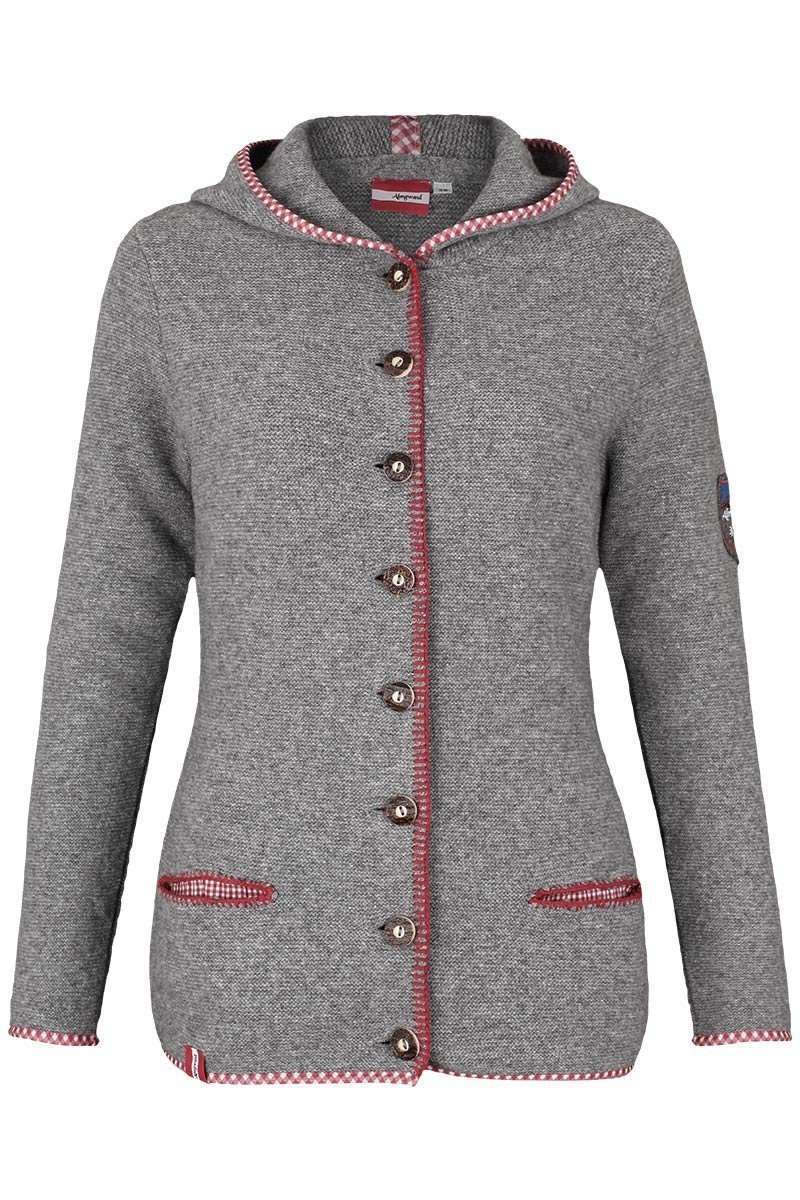 Damen Trachtenstrick-Jacke mit Kapuze grau rot lang
