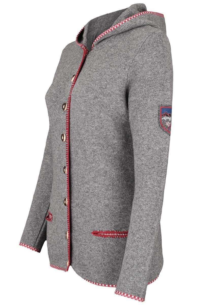 Damen Trachtenstrick-Jacke mit Kapuze grau rot lang Bild 2