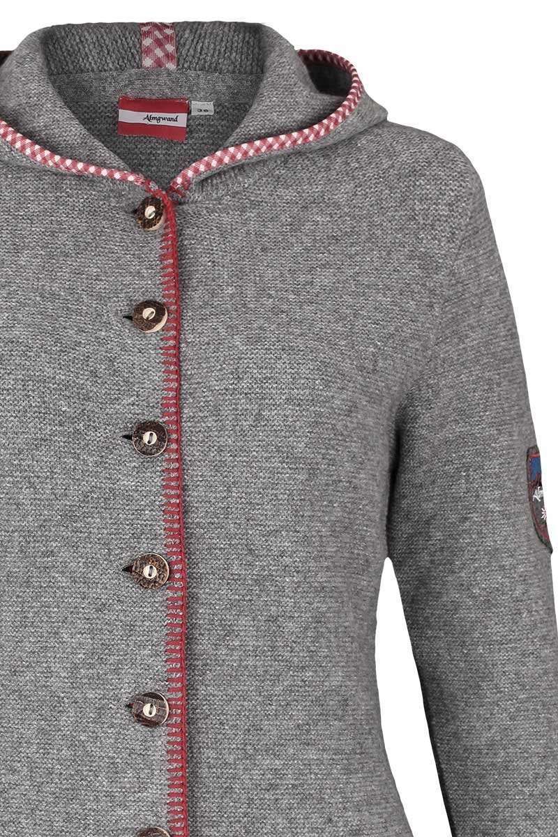 Damen Trachtenstrick-Jacke mit Kapuze grau rot lang Bild 2