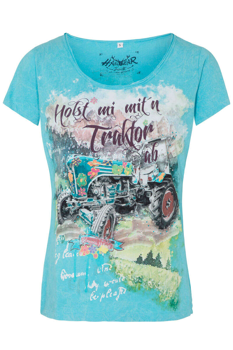 Damen Trachten-T-Shirt mit Traktor himmelblau