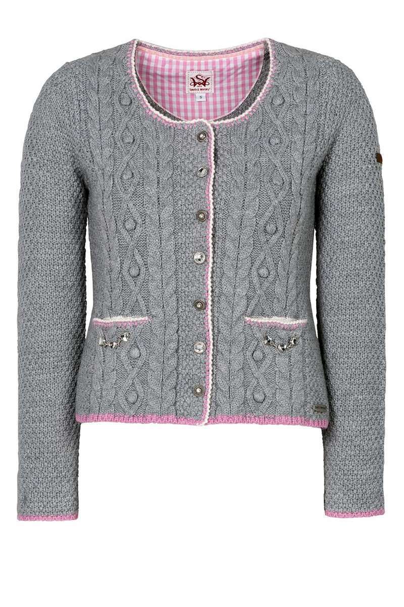 Damen Strickjacke mit Zopfmuster Hellgrau Rosa