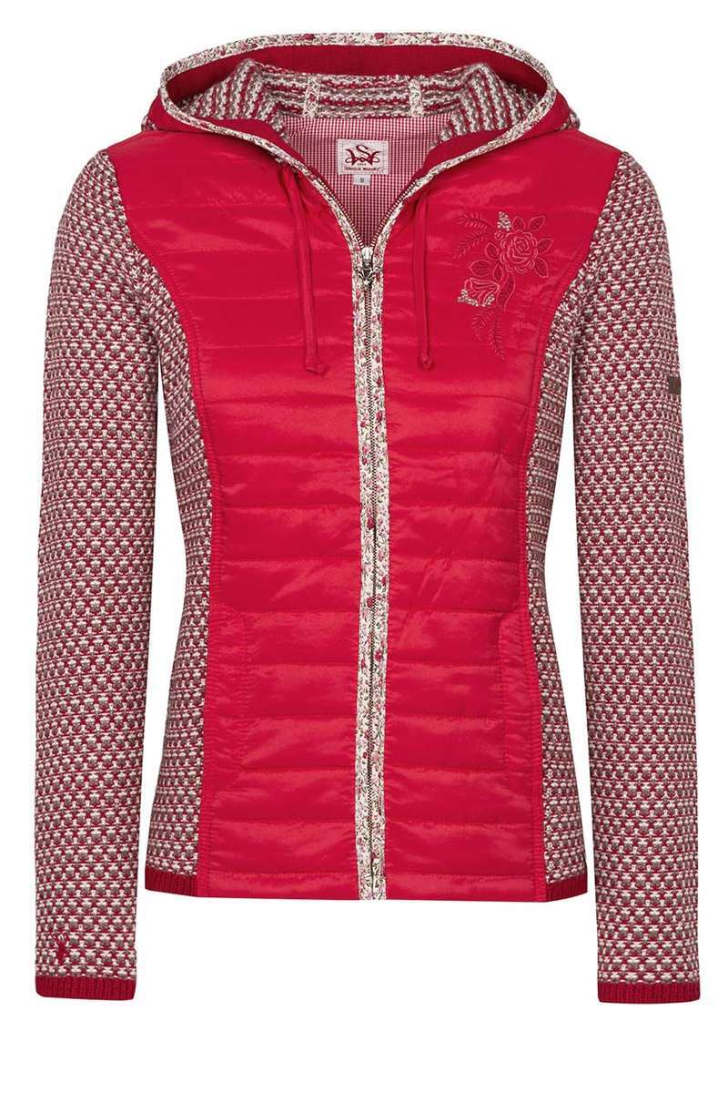 Damen Trachten Strick-Steppjacke mit Kapuze rot