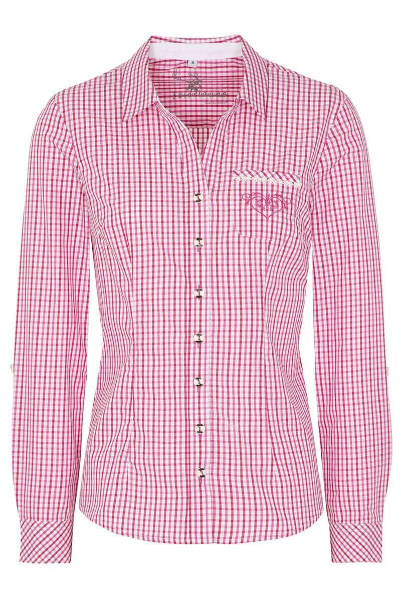 Trachtenbluse langarm mit Stickerei kariert fuchsia