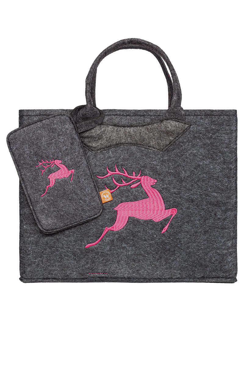 Trachten-Filztasche gro mit Handyetui anthrazit mit springendem Hirsch pink