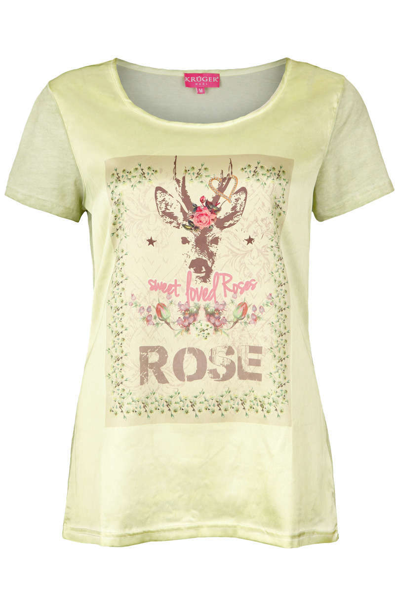 Damen Trachten T-Shirt mit Reh und Rosen oliv