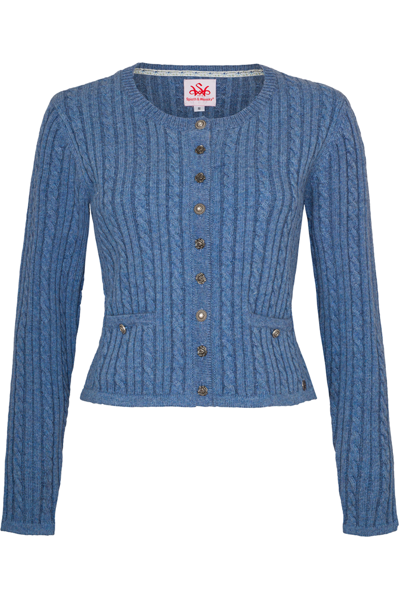 Damen Strickjacke mit Zopfmuster und Wollanteil jeansblau