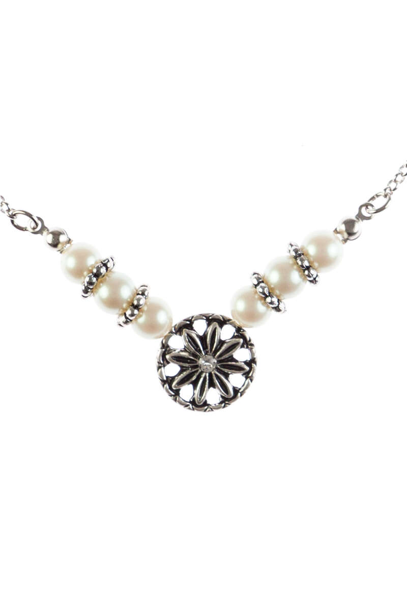 Damen Halskette mit Perlen und Blumen-Anhänger silber Bild 2