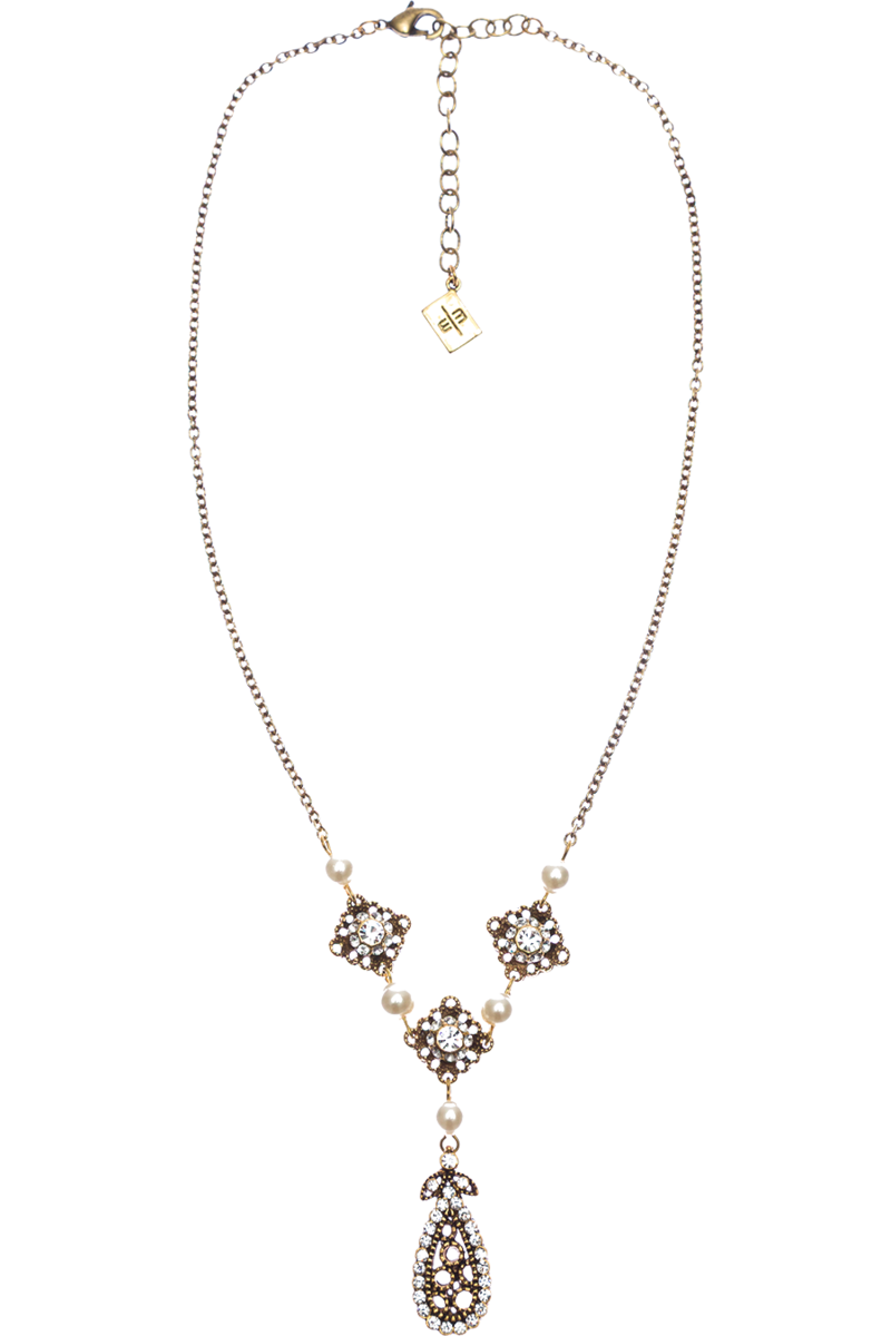Damen Halskette mit Tropfenanhnger und Strasssteinchen cream-cristal-altogld