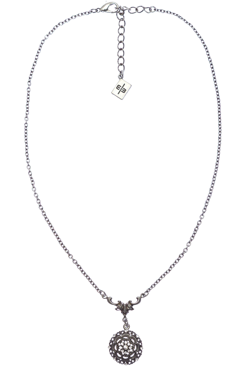 Damen Halskette mit floralem Ornamentanhnger crystal-altsilber