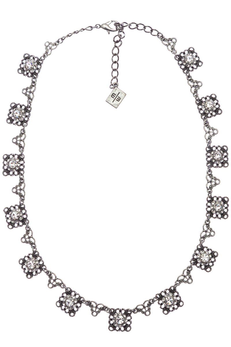 Damen Halskette Vintage-Stil mit Strasssteinchen altsilber