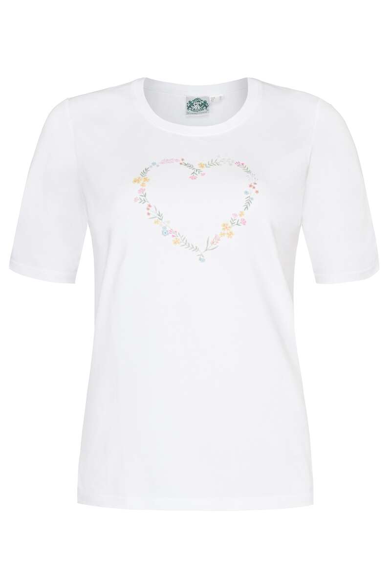 Damen T-Shirt Herz Blumenkranz wei