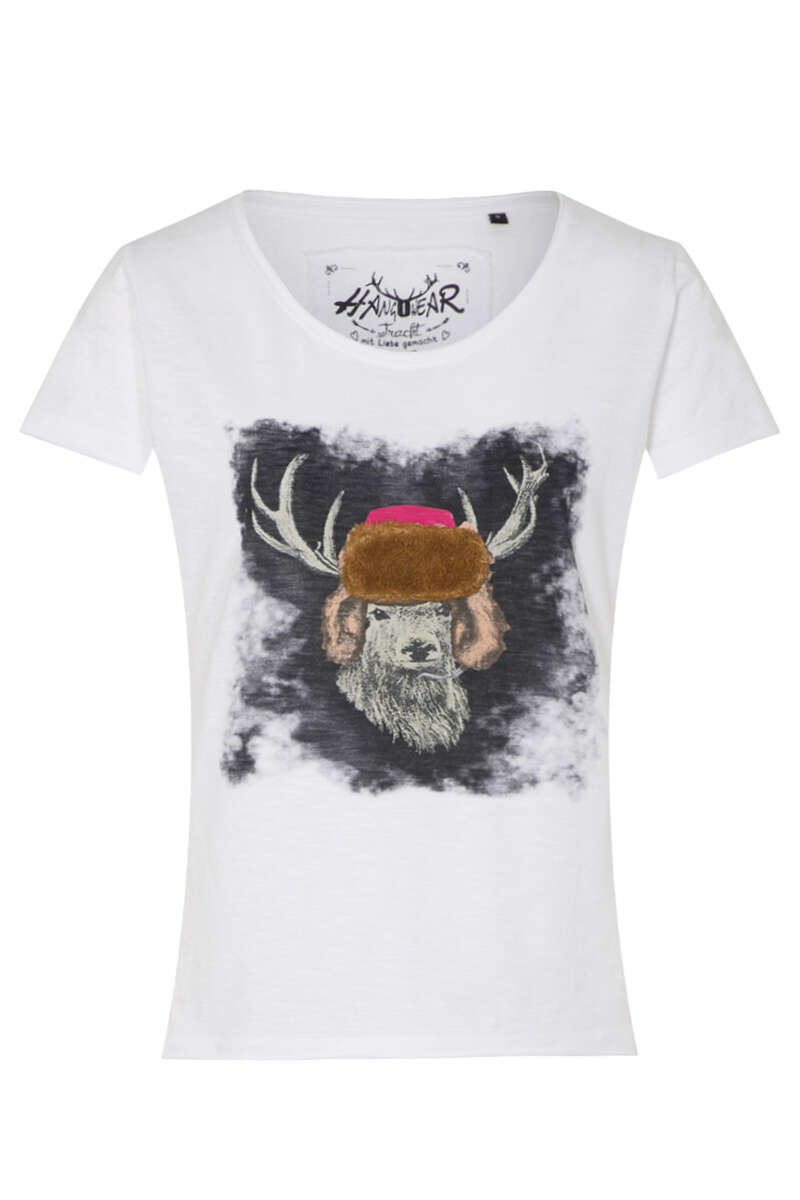 Damen T-Shirt 'Hirsch mit Fellmtze' wei