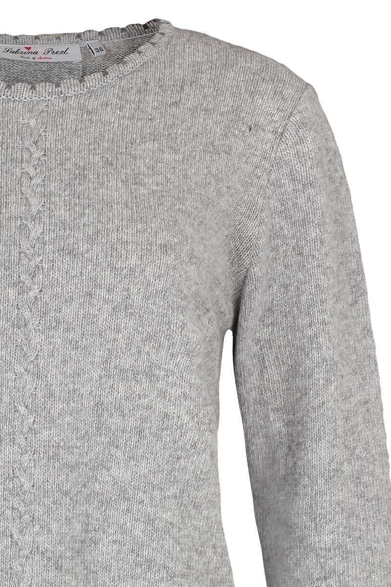 Trachten Pullover mit Zopfmuster und Falte hellgrau Bild 2