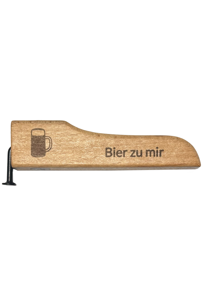 Flaschenffner Holz mit Nagel und Magneten 'Bier zu mir'