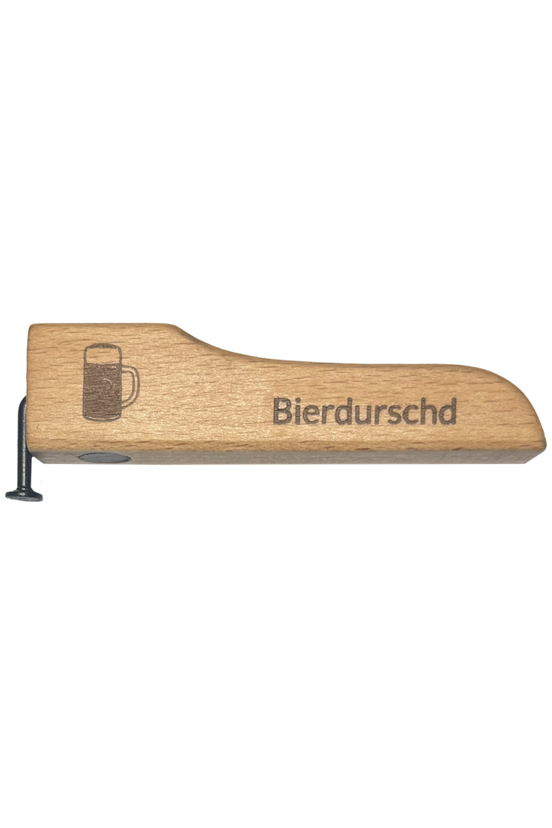 Flaschenffner Holz mit Nagel und Magneten 'Bierdurschd'