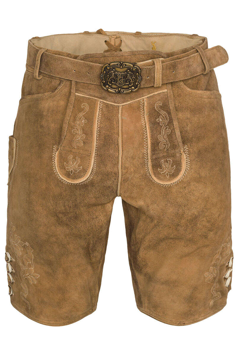 Herren Lederhose Hirschoptik mit Grtel kurz mit Stickerei natur Bild 2