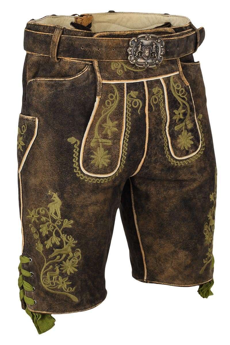 Kurze Herren-Lederhose braun mit Grtel grn bestickt