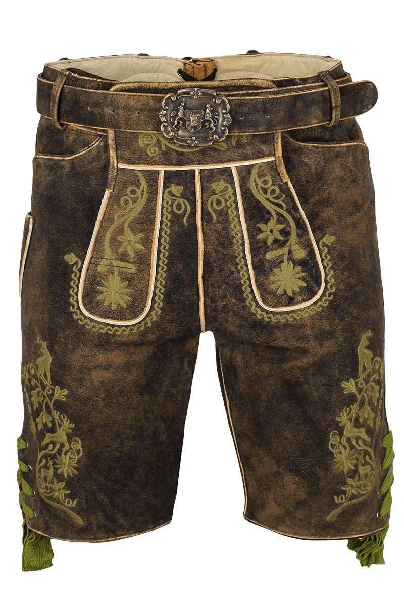 Kurze Herren-Lederhose braun mit Grtel grn bestickt Bild 2