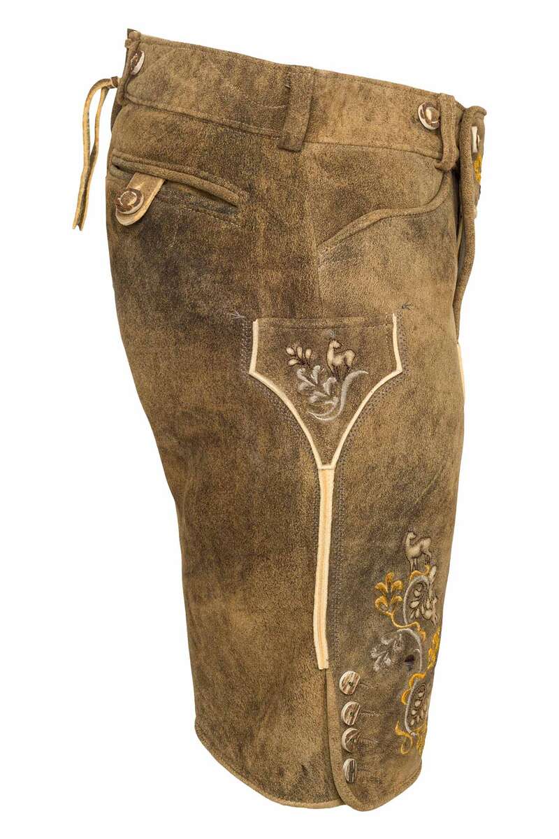 Herren Hirsch-Lederhose kurz Vintage-Optik Antikschwarz mit gelb-grauer Plattstickerei Bild 2