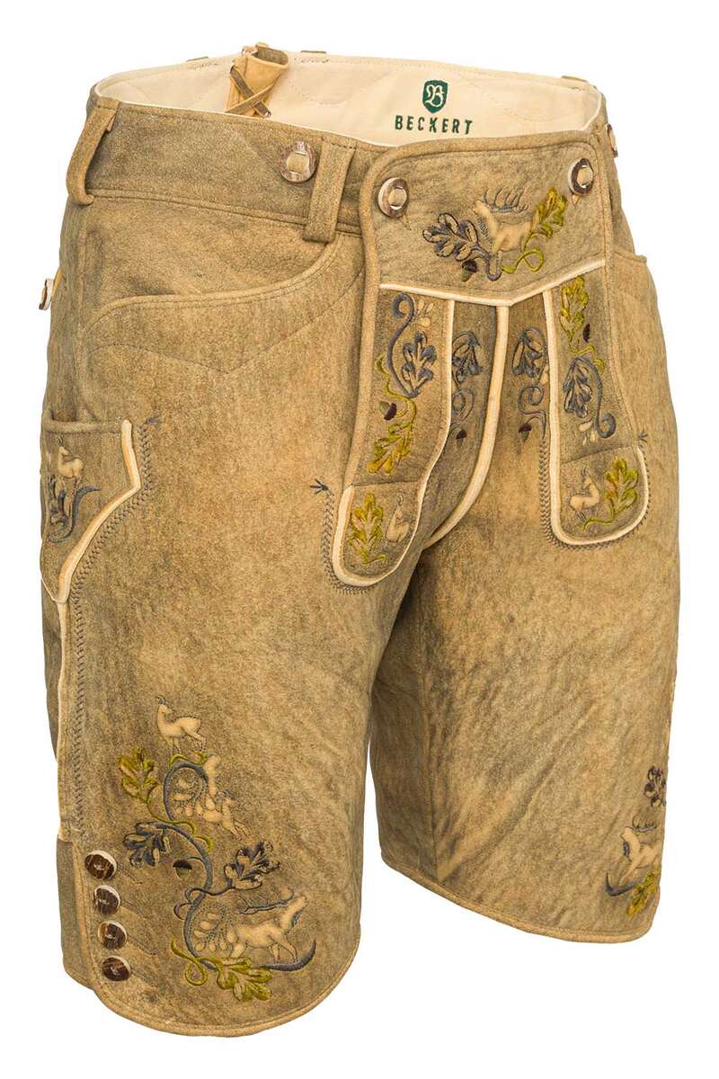 Herren Hirsch-Lederhose kurz Vintage-Optik Glacier mit grau-grner Platt-Stickerei