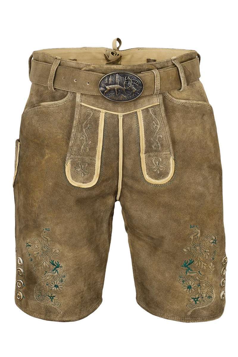 Herren Lederhose Hirschoptik mit Grtel kurz mit Stickerei oliv Bild 2