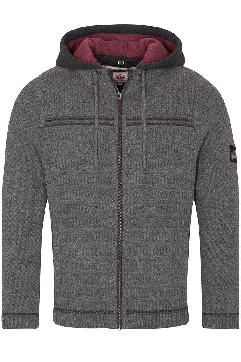 Sportive Herren Trachten Strickjacke mit Kapuze mittelgrau