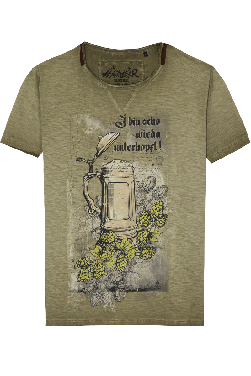 Herren Shirt Biermotiv 'I bin scho wieda unterhopft' oliv