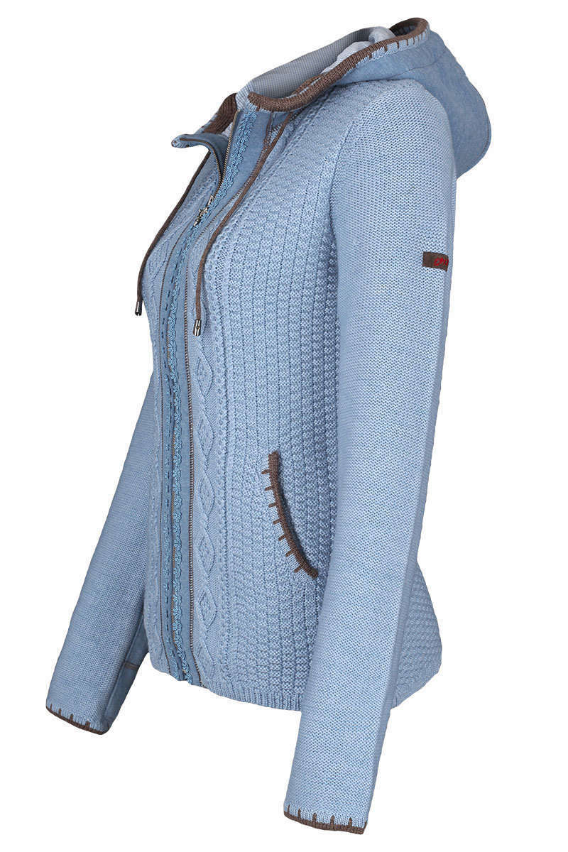 Trachtenstrickjacke Zopfmuster mit Kapuze blau Bild 2