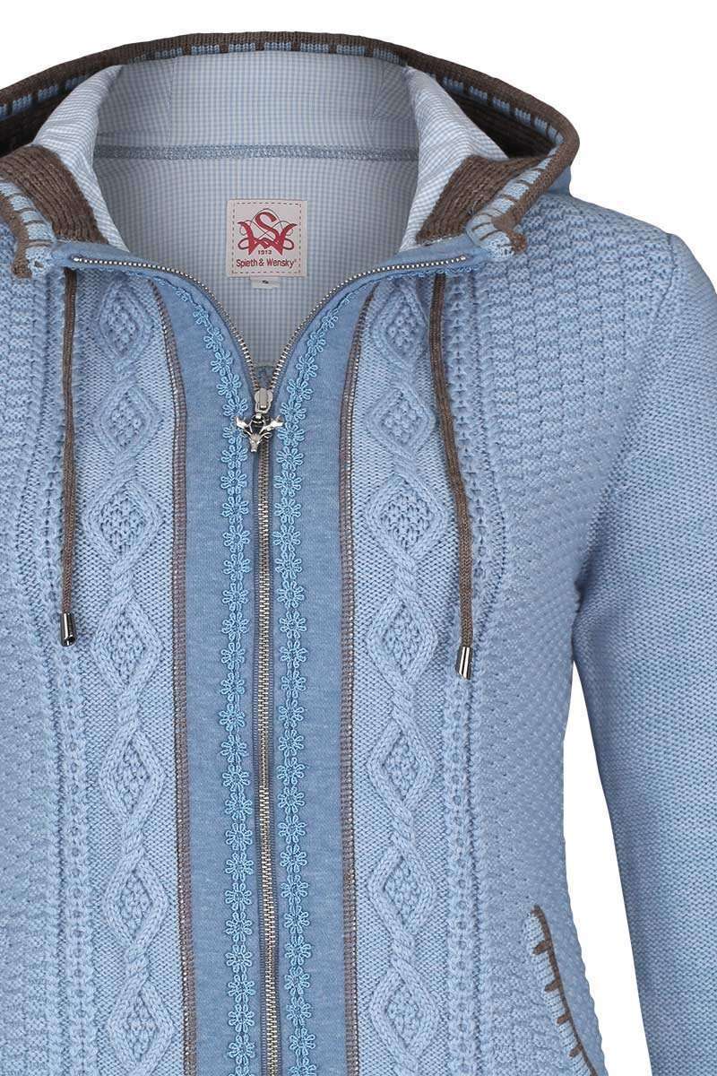 Trachtenstrickjacke Zopfmuster mit Kapuze blau Bild 2