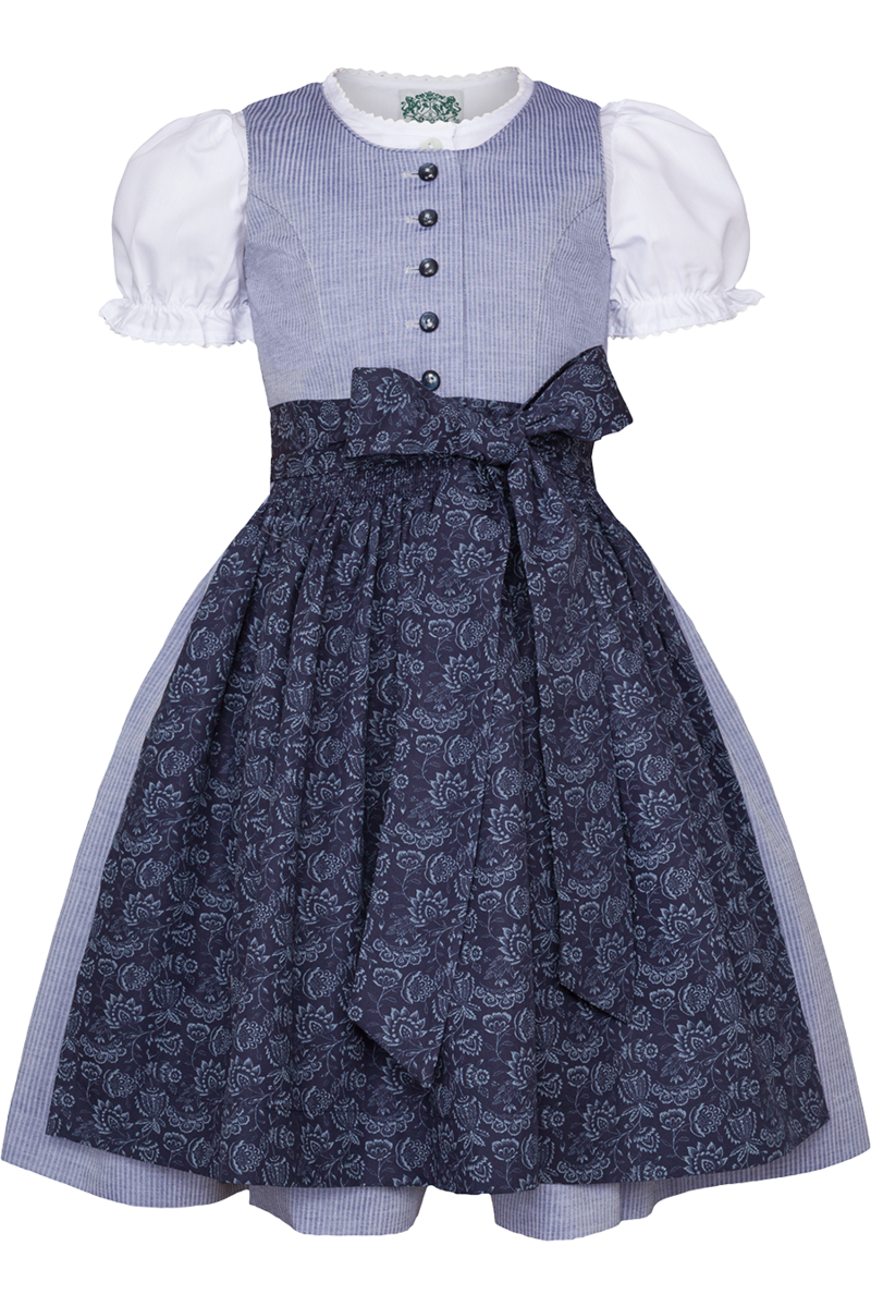Kinderdirndl mit Steifen, floraler Schrze und Bluse blau