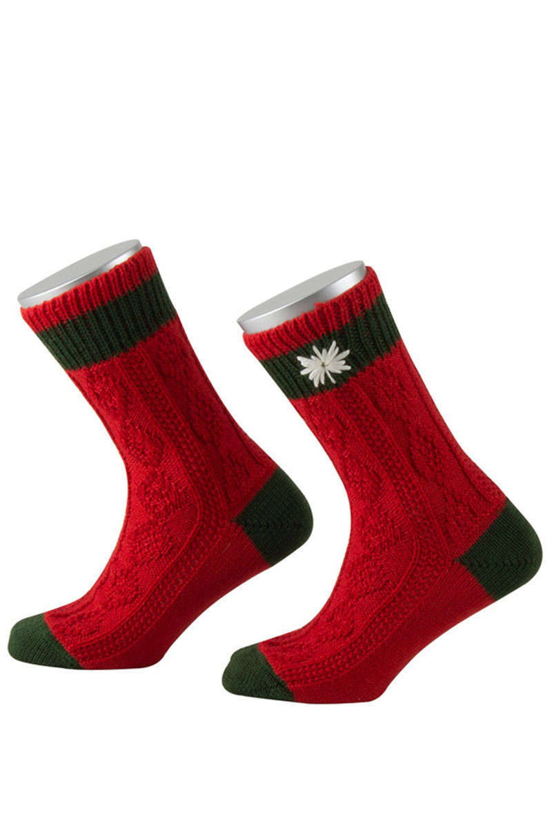 Kinder Trachten-Socke zweifarbig mit besticktem Edelweiß rot-tanne