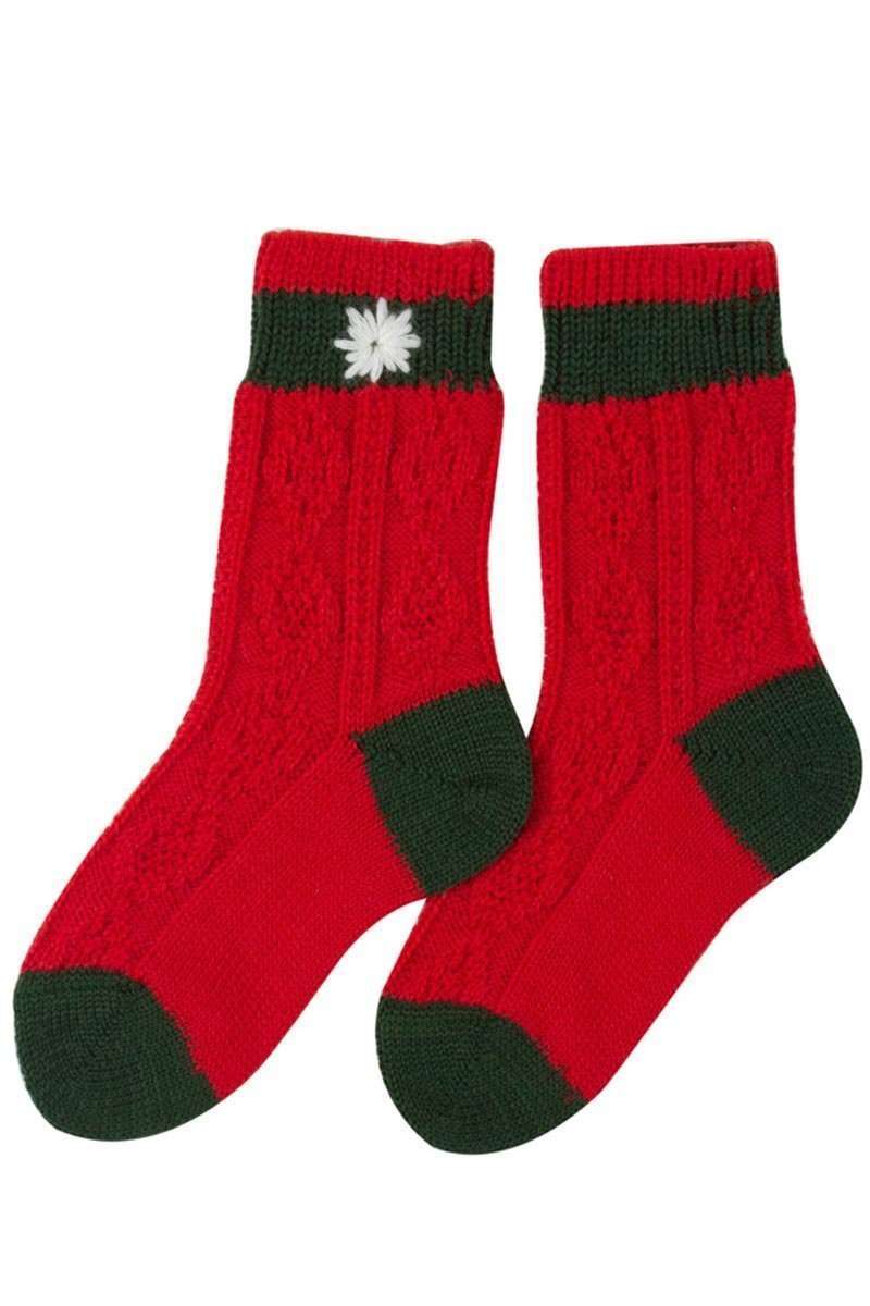 Kinder Trachten-Socke zweifarbig mit besticktem Edelweiß rot-tanne Bild 2