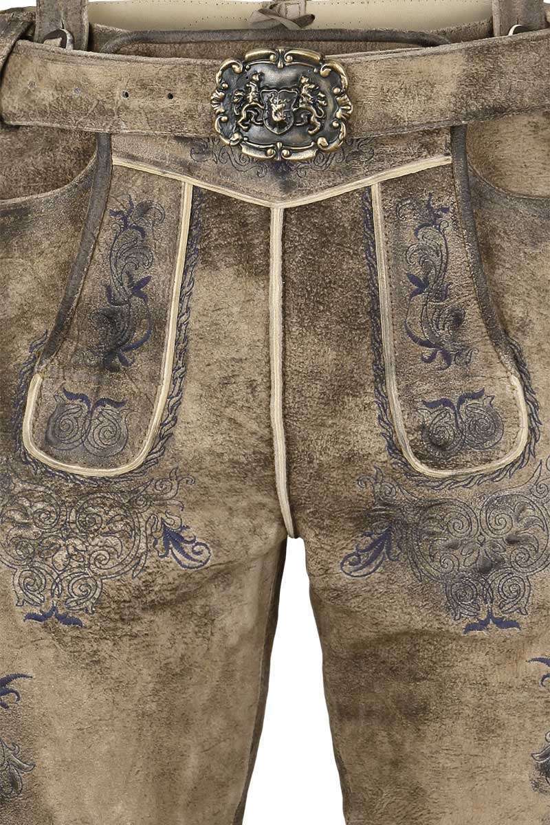 Kurze Herren Lederhose mit Grtel und Trger mit blauer Stickerei Bild 2