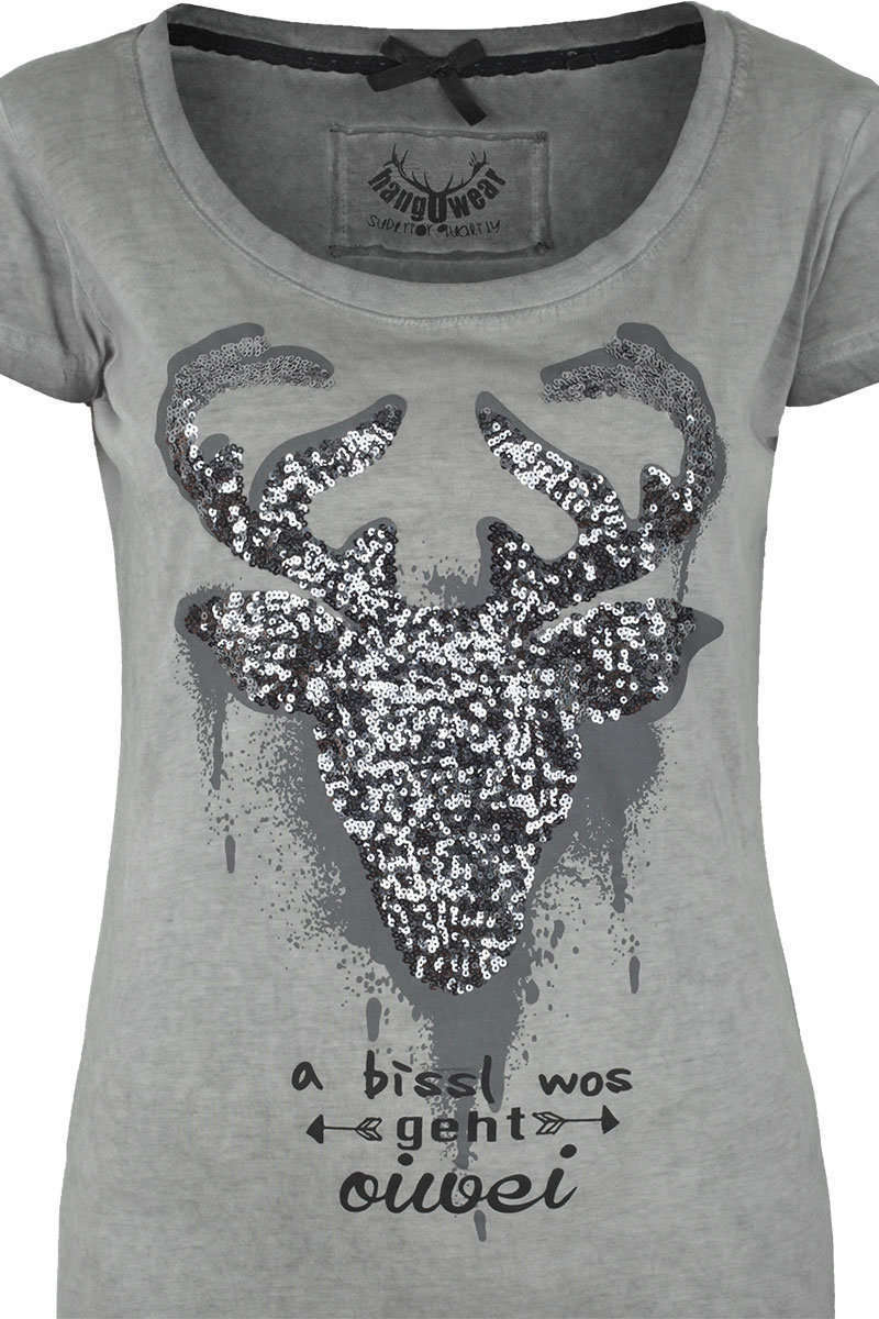 Damen T-Shirt Hirsch 'A bissl wos geht oiwei' anthrazit Bild 2