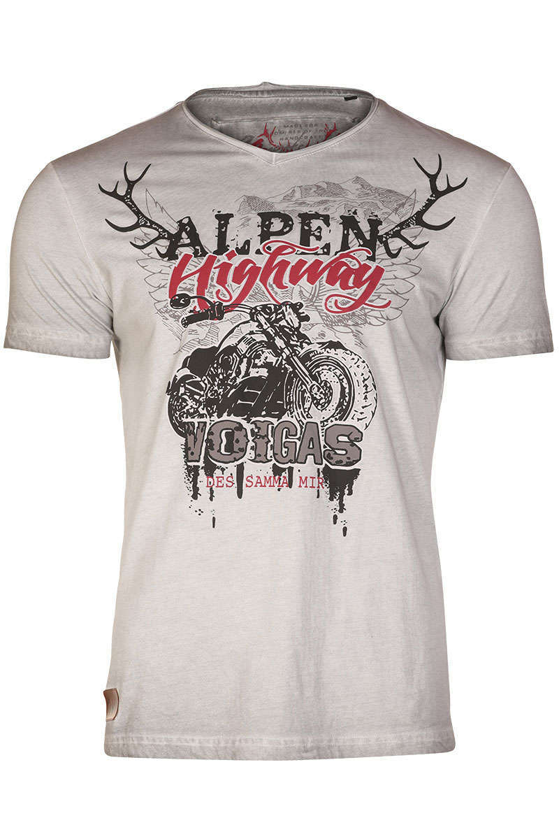 Trachten T-Shirt V-Ausschnitt 'Alpen Highway' grau