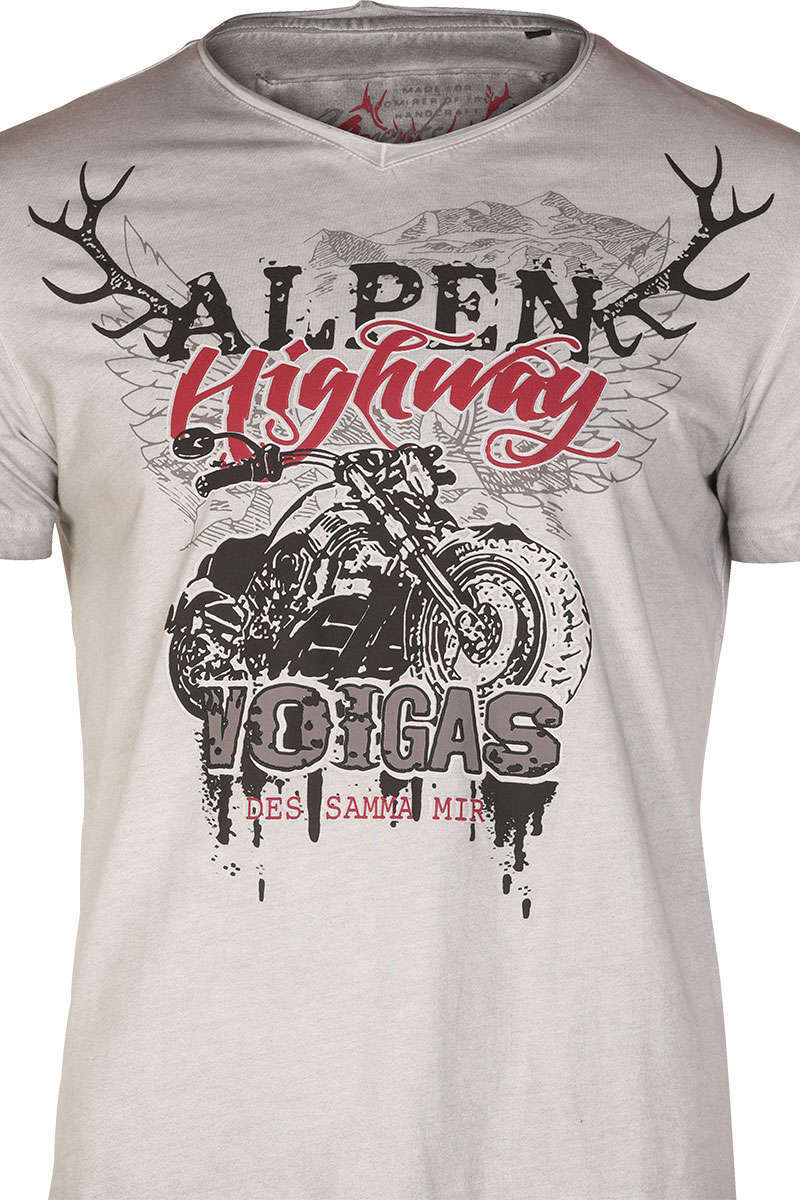 Trachten T-Shirt V-Ausschnitt 'Alpen Highway' grau Bild 2
